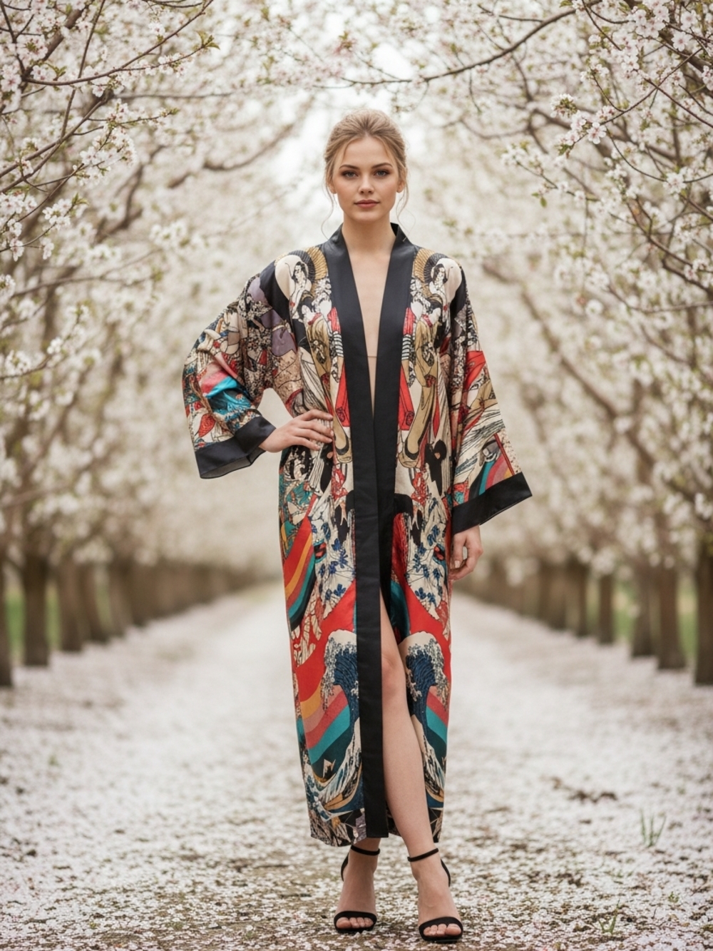 Floral Wave Long Satin Robe - Multicolor